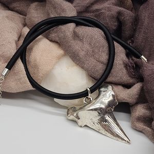 Large Heavy Silver Plated Shark Tooth Big Pendant Black Cord Necklace Gift